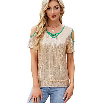 Women's V Neck Glitter Sequins Shirts Top Sparkle Shimmer Concert Disco Party Tee