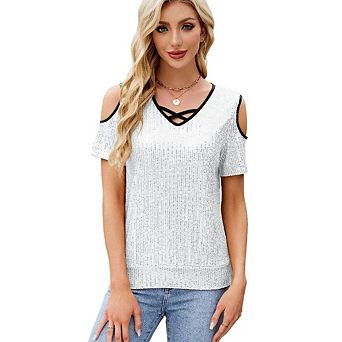 Women's V Neck Glitter Sequins Shirts Top Sparkle Shimmer Concert Disco Party Tee