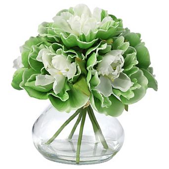 Peonies Artificial Flowers with Glass Vase, Silk Peony Flower Arrangement with Faux Water, for Home