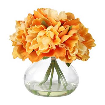 Peonies Artificial Flowers with Glass Vase, Silk Peony Flower Arrangement with Faux Water, for Home