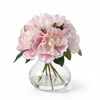 Peonies Artificial Flowers with Glass Vase, Silk Peony Flower Arrangement with Faux Water, for Home