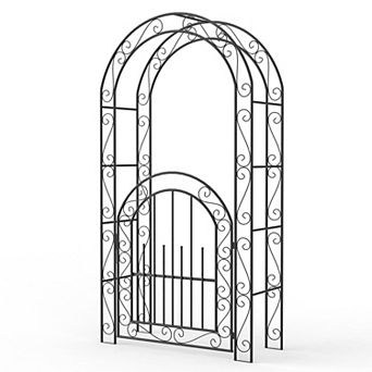 Steel Garden Arch with GateClassic Black Metal Arbor Trellis for Climbing Roses, Vines & Flowers