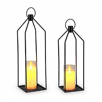 Set of 2 Metal Candle Lanterns,19" & 22" with Remote, Flameless Flickering LED Candles & 6H Timer