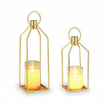 Set of 2 Metal Candle Lanterns,19" & 22" with Remote, Flameless Flickering LED Candles & 6H Timer