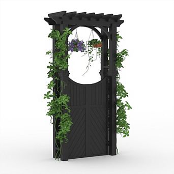 Wooden Garden Arbor with Gate and Trellis, Outdoor Arch Trellis for Climbing Plants and Plant Stand