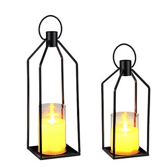 Set of 2 Metal Candle Lanterns.12" & 15" with Flameless Flickering LED Candles, Remote & 6H Timer