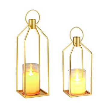 Set of 2 Metal Candle Lanterns.12" & 15" with Flameless Flickering LED Candles, Remote & 6H Timer