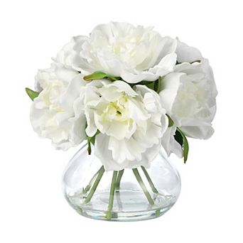 Peonies Artificial Flowers with Glass Vase, Silk Peony Flower Arrangement with Faux Water, for Home