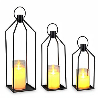 Set of 3 Modern Metal Lanterns with LED Real Wax Candles,Decorative Candle Holders,12+15+19"