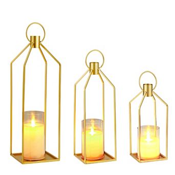 Set of 3 Modern Metal Lanterns with LED Real Wax Candles,Decorative Candle Holders,12+15+19"