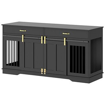 71" Dog Crate TV Stand for 2 Dogs,Wooden Double Kennel Furniture with 2 Lockable Doors & 2 Drawers