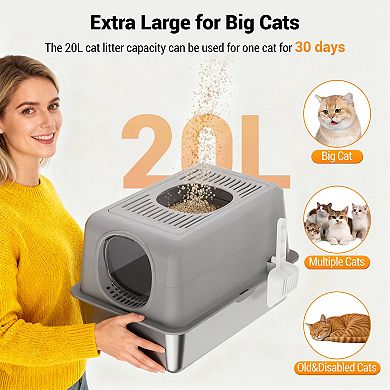20L Stainless Steel Cat Litter Box with Lid, Odor-Resistant, Easy to Clean, Fully Enclosed