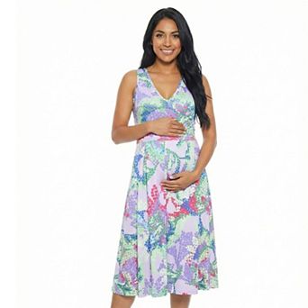 Maternity 24Seven Comfort Apparel Abstract V-Neck Sleeveless Midi Fit & Flare Dress