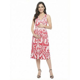 Maternity 24Seven Comfort Apparel Paisley V-Neck Sleeveless Pleated Pocket Midi Dress
