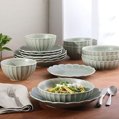 Gibson Elite Malibu Shore 16 Piece Scallop Stoneware Reactive Glaze Ceramic Dinnerware Set