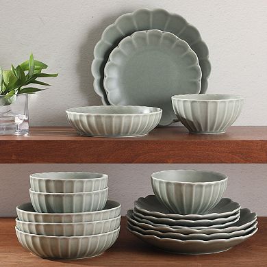 Gibson Elite Malibu Shore 16 Piece Scallop Stoneware Reactive Glaze Ceramic Dinnerware Set