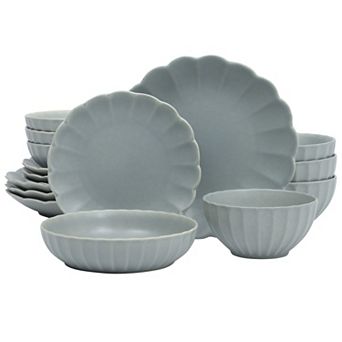 Gibson Elite Malibu Shore 16 pc Scallop Stoneware Reactive Glaze Ceramic Dinnerware Set