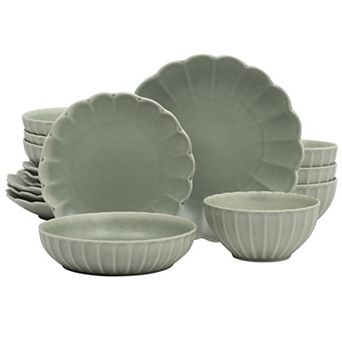 Gibson Elite Malibu Shore 16 pc Scallop Stoneware Reactive Glaze Ceramic Dinnerware Set
