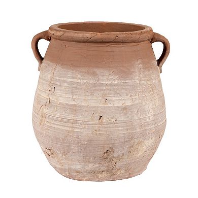 Hello Honey Large Round Terra-cotta Urn, Orange and Whitewashed