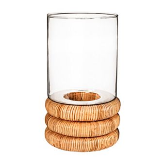 Hello Honey Glass Hurricane Vase with Woven Rattan Base