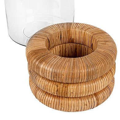 Hello Honey Glass Hurricane Vase with Woven Rattan Base