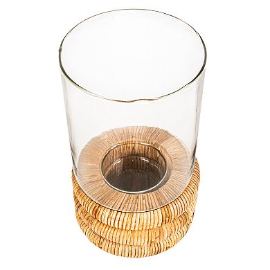 Hello Honey Glass Hurricane Vase with Woven Rattan Base