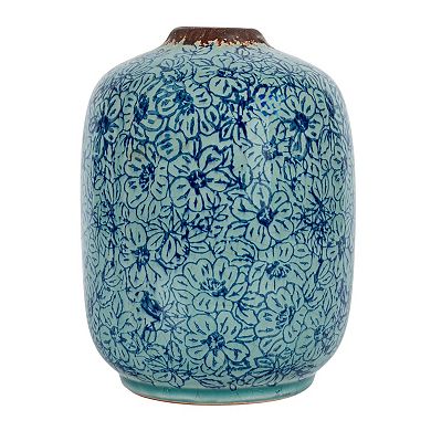 Hello Honey Decorative Round Terra-cotta Vase with Floral Pattern with Distressed Finish, Blue