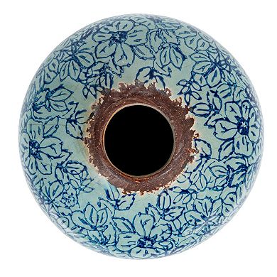 Hello Honey Decorative Round Terra-cotta Vase with Floral Pattern with Distressed Finish, Blue