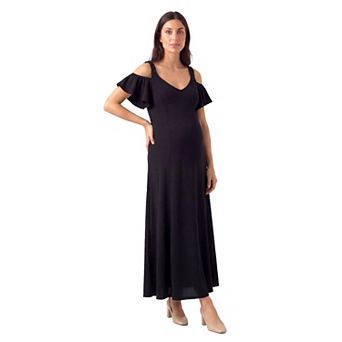 Maternity 24Seven Comfort Apparel Cold Shoulder Ruffle Sleeve Maxi Dress