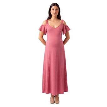 Maternity 24Seven Comfort Apparel Cold Shoulder Ruffle Sleeve Maxi Dress