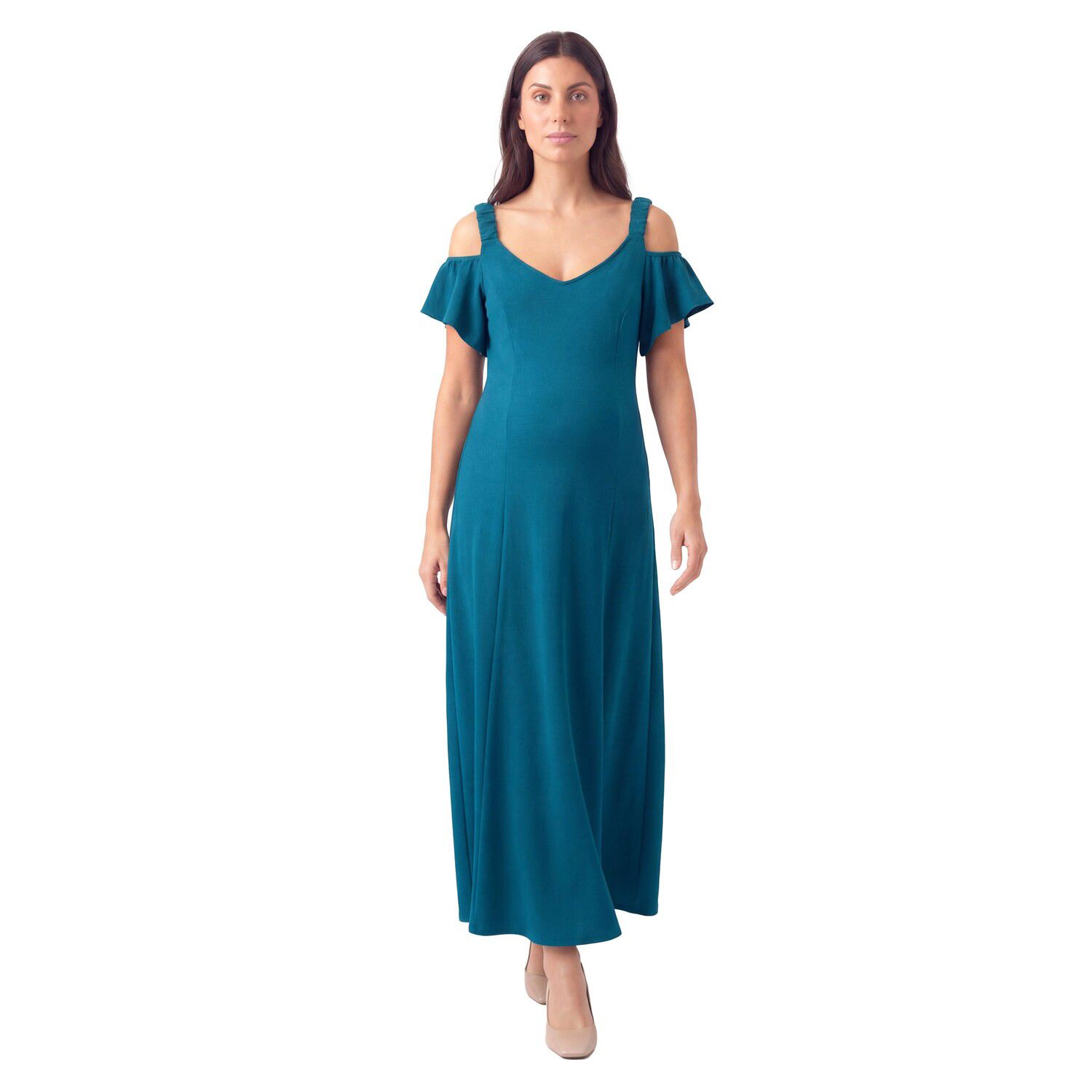 Женские платья Maternity 24Seven Comfort Apparel Cold Shoulder Ruffle Sleeve Maxi Dress
