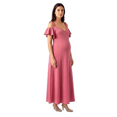 Maternity Plus Size 24Seven Comfort Apparel Cold Shoulder Ruffle Sleeve Maxi Dress