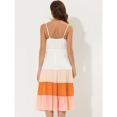 Women's Summer Spaghetti Strap Dress V Neck Flowy Swing Chiffon Midi Dress