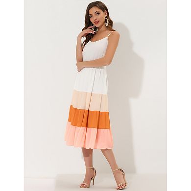 Women's Summer Spaghetti Strap Dress V Neck Flowy Swing Chiffon Midi Dress