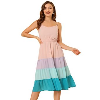 Women's Summer Spaghetti Strap Dress V Neck Flowy Swing Chiffon Midi Dress