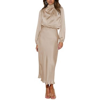 Women's Satin Cowl Neck Midi Dress - Long Balloon Sleeve Backless Formal Evening Gown