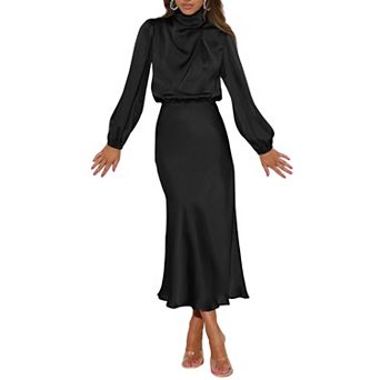 Women's Satin Cowl Neck Midi Dress - Long Balloon Sleeve Backless Formal Evening Gown