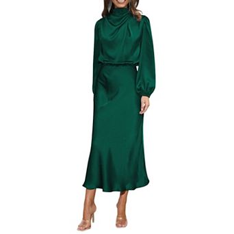 Women's Satin Cowl Neck Midi Dress - Long Balloon Sleeve Backless Formal Evening Gown