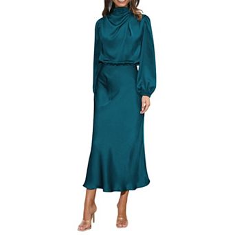 Women's Satin Cowl Neck Midi Dress - Long Balloon Sleeve Backless Formal Evening Gown