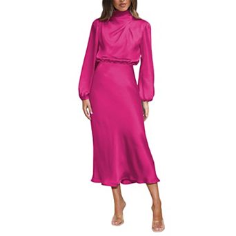 Women's Satin Cowl Neck Midi Dress - Long Balloon Sleeve Backless Formal Evening Gown