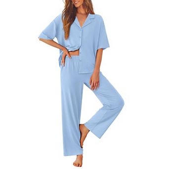 Ekouaer Women Pajamas Set Button Down Sleepwear Short Sleeve Pjs Soft Nightwear with Long Pants