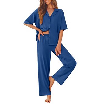 Ekouaer Women Pajamas Set Button Down Sleepwear Short Sleeve Pjs Soft Nightwear with Long Pants