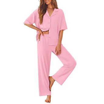 Ekouaer Women Pajamas Set Button Down Sleepwear Short Sleeve Pjs Soft Nightwear with Long Pants