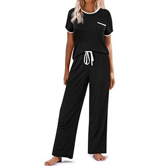Ekouaer Women Lounge Pajamas Sets Ribbed Knit PJ Short Sleeve and Long Pj Pant Soft 2 pc Sleepwear