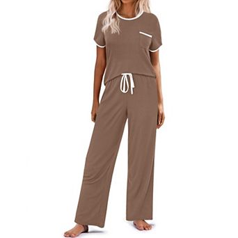 Ekouaer Women Lounge Pajamas Sets Ribbed Knit PJ Short Sleeve and Long Pj Pant Soft 2 pc Sleepwear