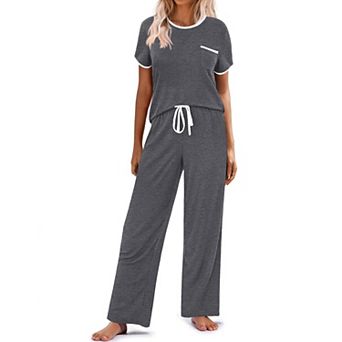 Ekouaer Women Lounge Pajamas Sets Ribbed Knit PJ Short Sleeve and Long Pj Pant Soft 2 pc Sleepwear