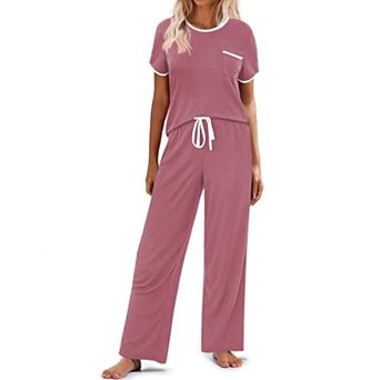 Ekouaer Women Lounge Pajamas Sets Ribbed Knit PJ Short Sleeve and Long Pj Pant Soft 2 pc Sleepwear