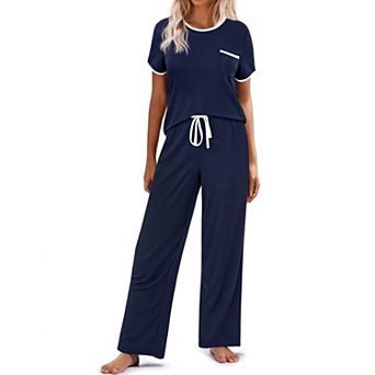Ekouaer Women Lounge Pajamas Sets Ribbed Knit PJ Short Sleeve and Long Pj Pant Soft 2 pc Sleepwear