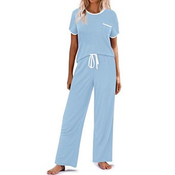 Ekouaer Women Lounge Pajamas Sets Ribbed Knit PJ Short Sleeve and Long Pj Pant Soft 2 pc Sleepwear