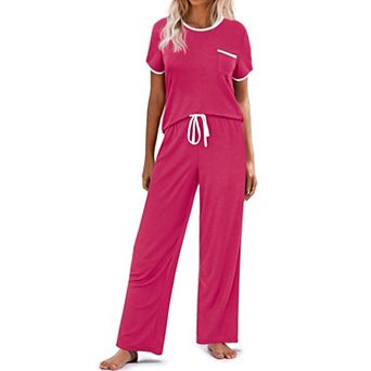 Ekouaer Women Lounge Pajamas Sets Ribbed Knit PJ Short Sleeve and Long Pj Pant Soft 2 pc Sleepwear